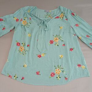 Figueroa & Flower Women's 2X Blouse Floral Embroidered Tie Top Plus Size Cottage